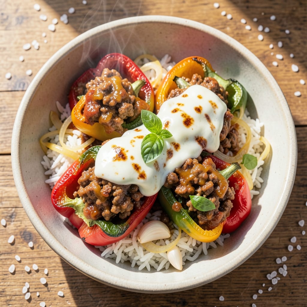 Ground Beef and Mozzarella Recipe: Cheesy Stuffed Peppers with Crispy Topping