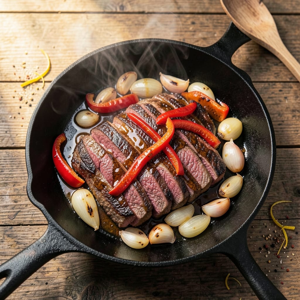 Beef Sizzlers Recipe: Crispy-Crusted Skirt Steak with Charred Peppers and Onions