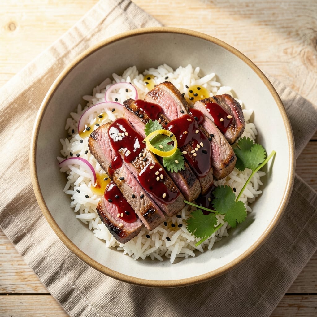 Asian Beef and Rice Bowl Recipe: Sweet Chili Glazed Beef Over Fragrant Rice