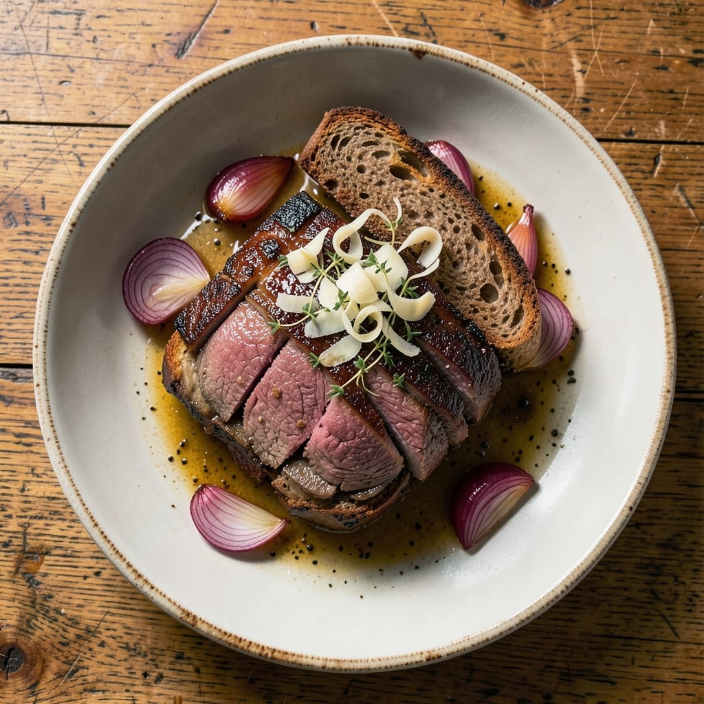 Bar Bill Beef on Weck Recipe: Smoky Rye Bread-Crusted Beef with Tangy Onion Topping