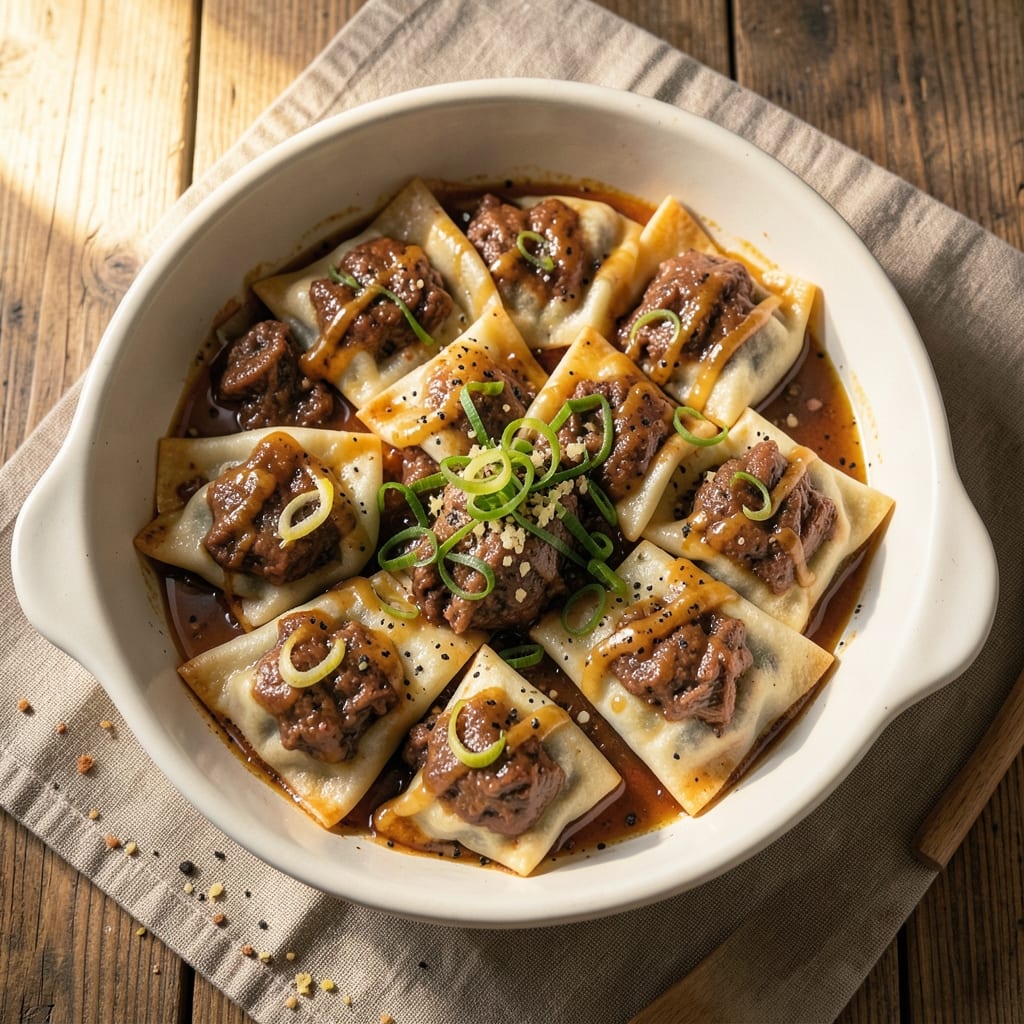 Baked Beef Wonton Soup Recipe: Crispy-Crusted Dumplings in Creamy Broth